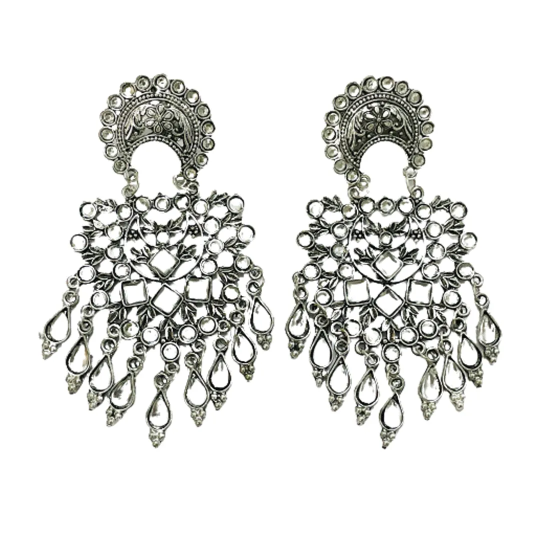 Silver Oxidised Antique Kundan Dangle Earrings